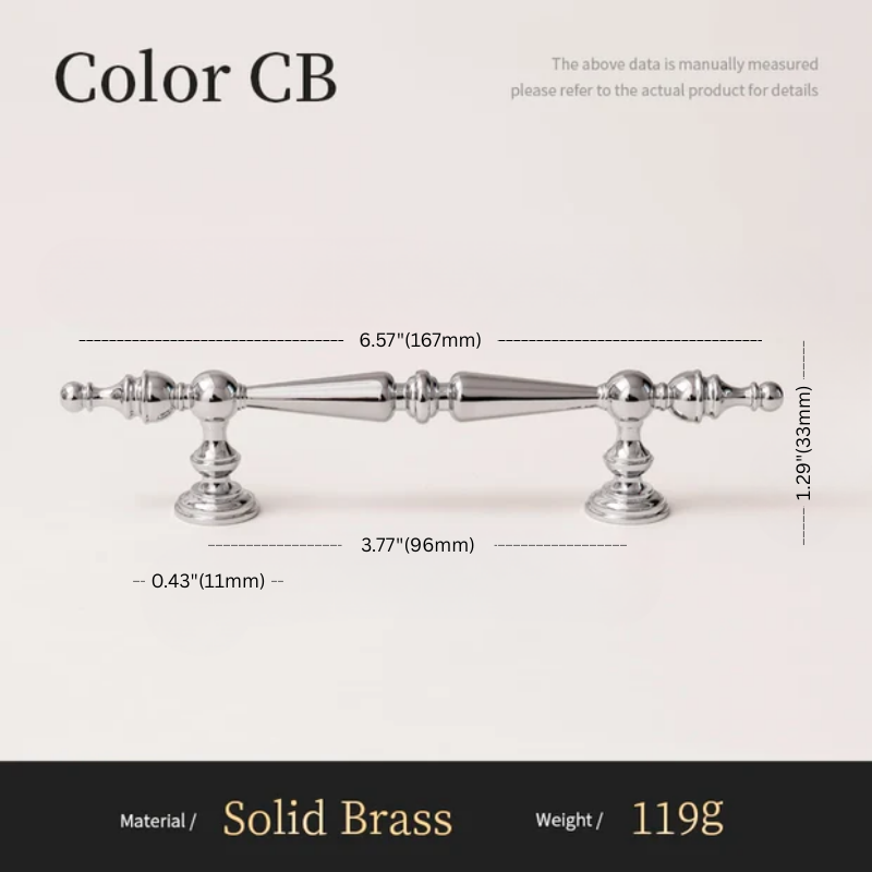 Measurement chart of a solid brass curtain rod with dimensions and material details.