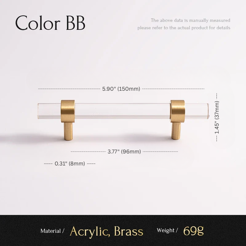 Gold and acrylic cabinet handles with measurements on a white background