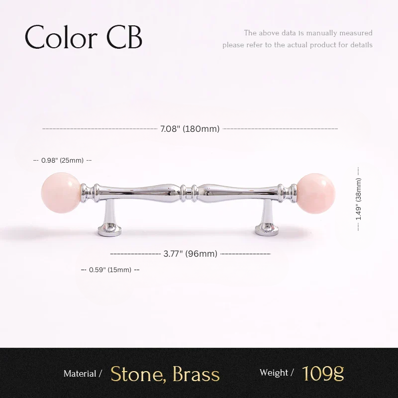 Measurement chart for a cabinet handle with pink stones and silver finish on a white background.