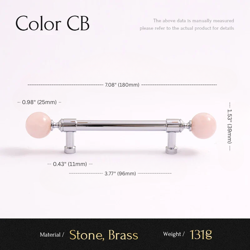 Measurement chart of a cabinet handle with pink stones and brass finish, labeled 'Color CB'.