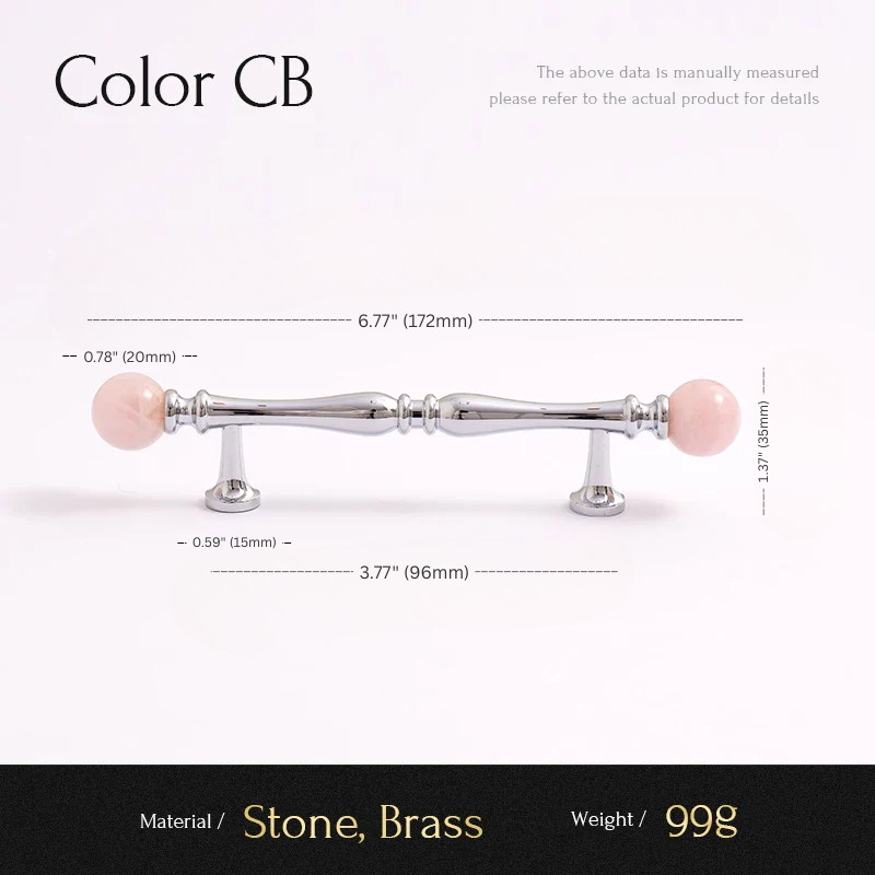 Measurement chart for a decorative item with pink stones and brass accents on a white background.