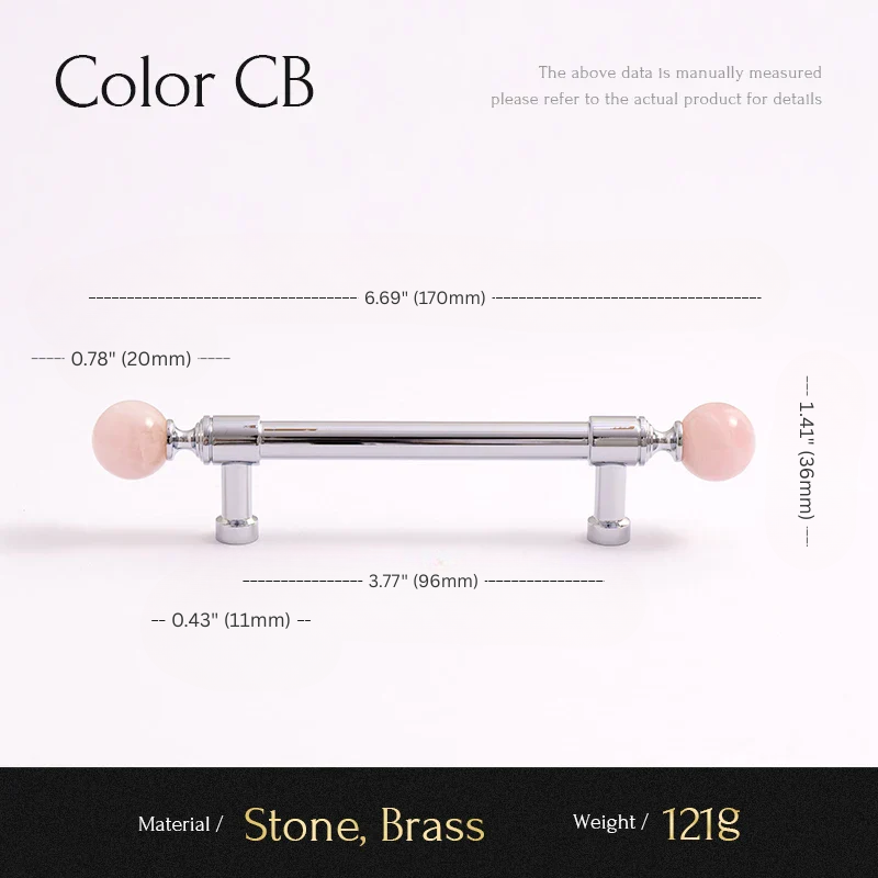 Measurement chart for a cabinet handle with pink stones and brass finish on a white background.