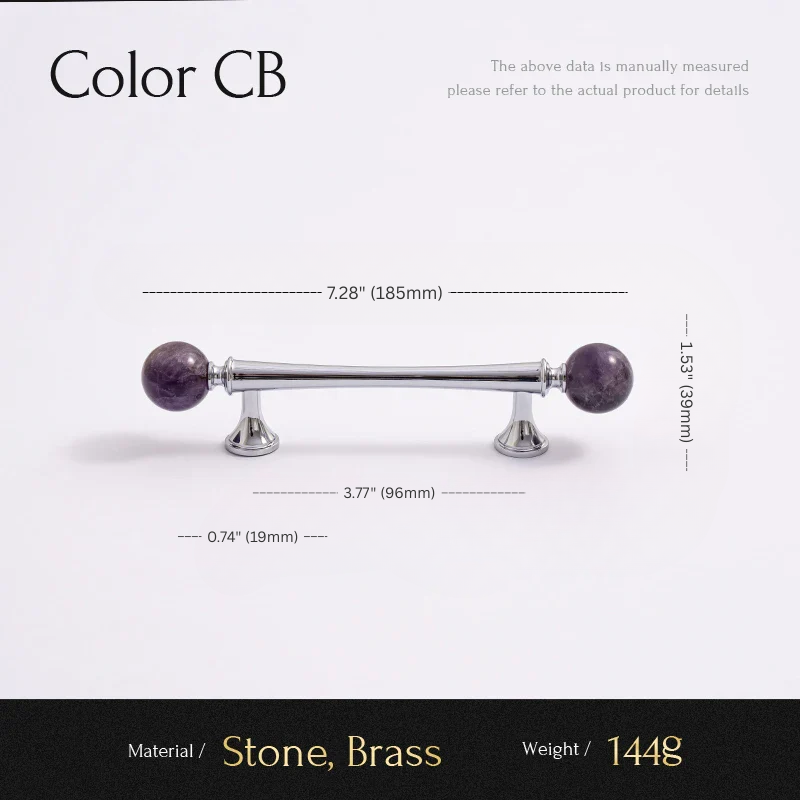 Measurement chart for a decorative item with purple stones and brass accents on a white background.