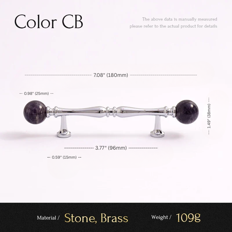 Measurement chart for a decorative item with stone and brass components on a white background.