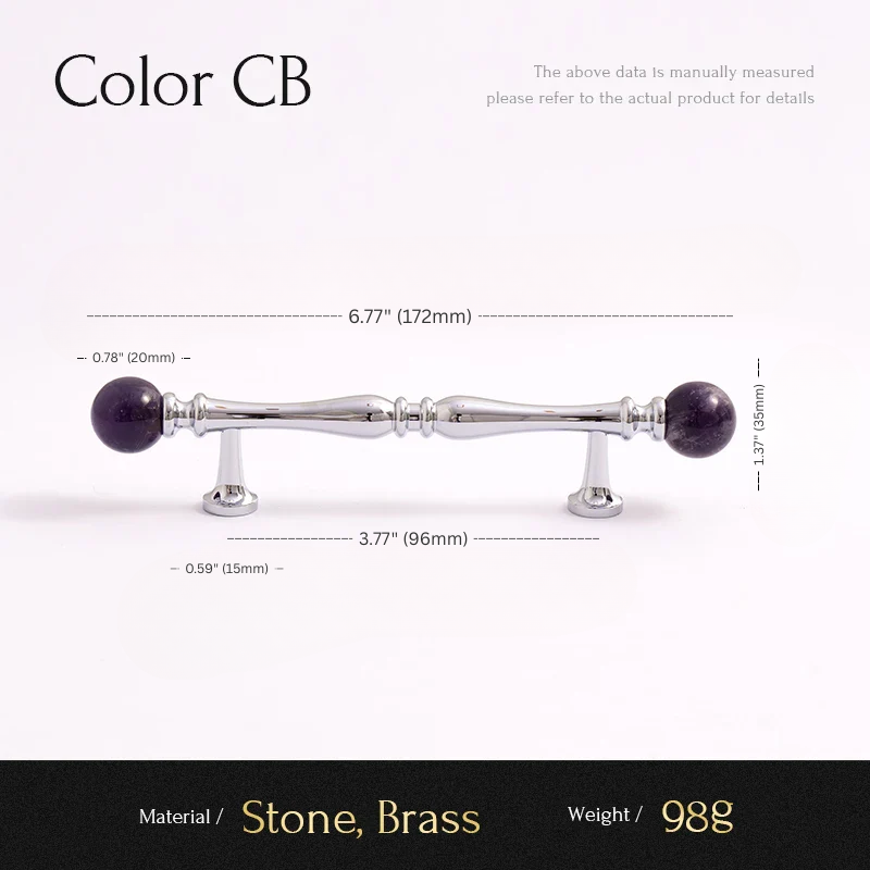 Measurement chart for a decorative item with purple stones and silver accents, labeled 'Color CB'.