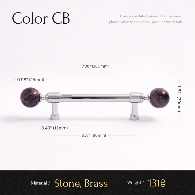 Measurement chart for a cabinet handle with stone and brass components on a white background.