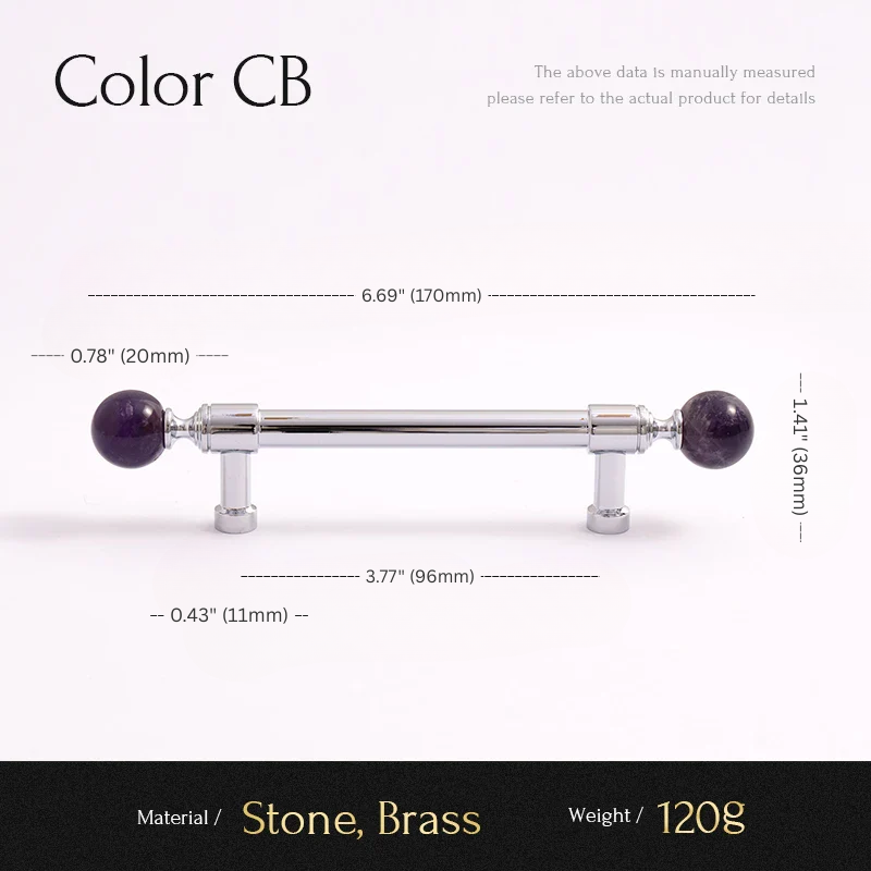 Measurement chart for a handle with stone and brass components on a white background.