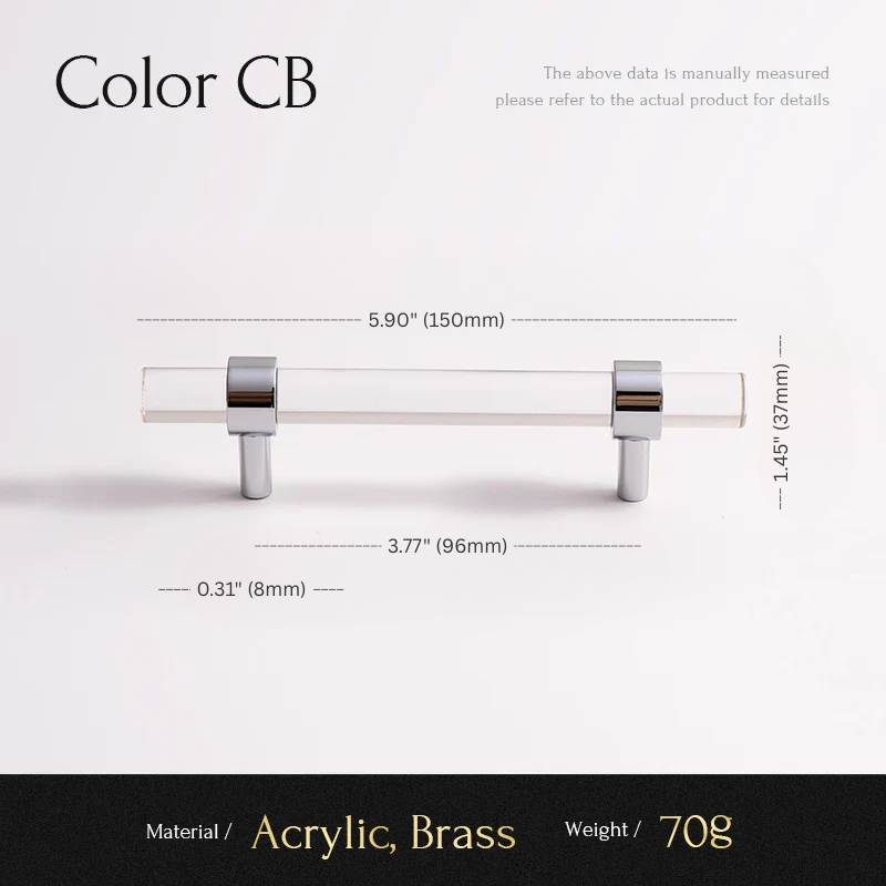 Measurement chart for an acrylic and brass product labeled 'Color CB' on a white background.