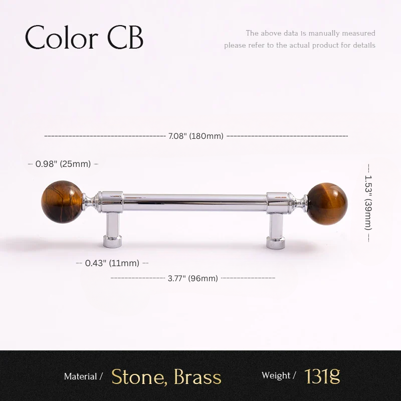 Measurement chart for a decorative item with stone and brass components on a white background.