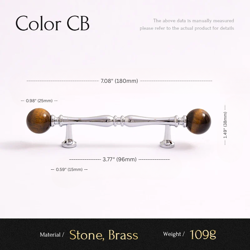 Measurement chart of a cabinet handle with stone and brass components on a white background.