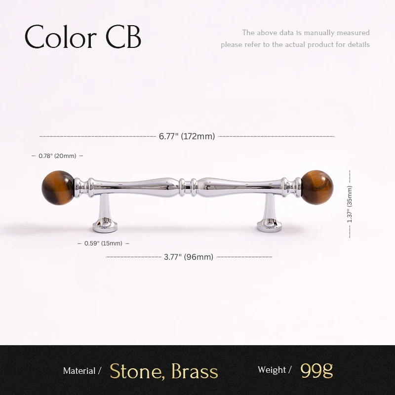 Cabinet handle with measurements and material details on a white background
