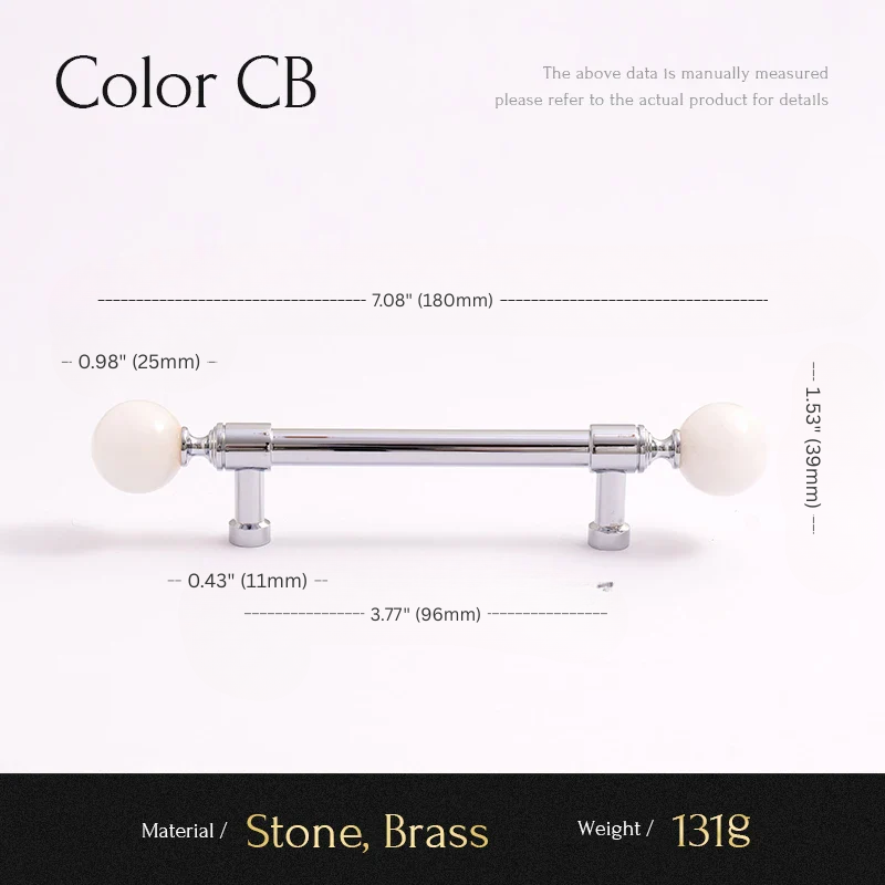 Measurement chart for a cabinet handle with dimensions and material details.
