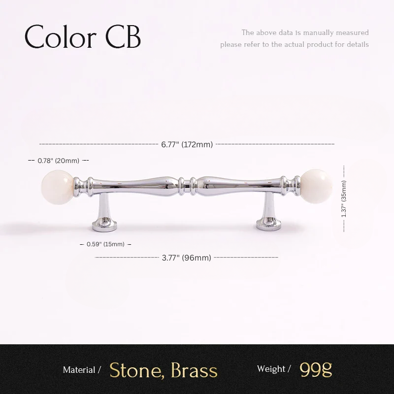 Measurement chart for a decorative item with stone and brass components on a white background.