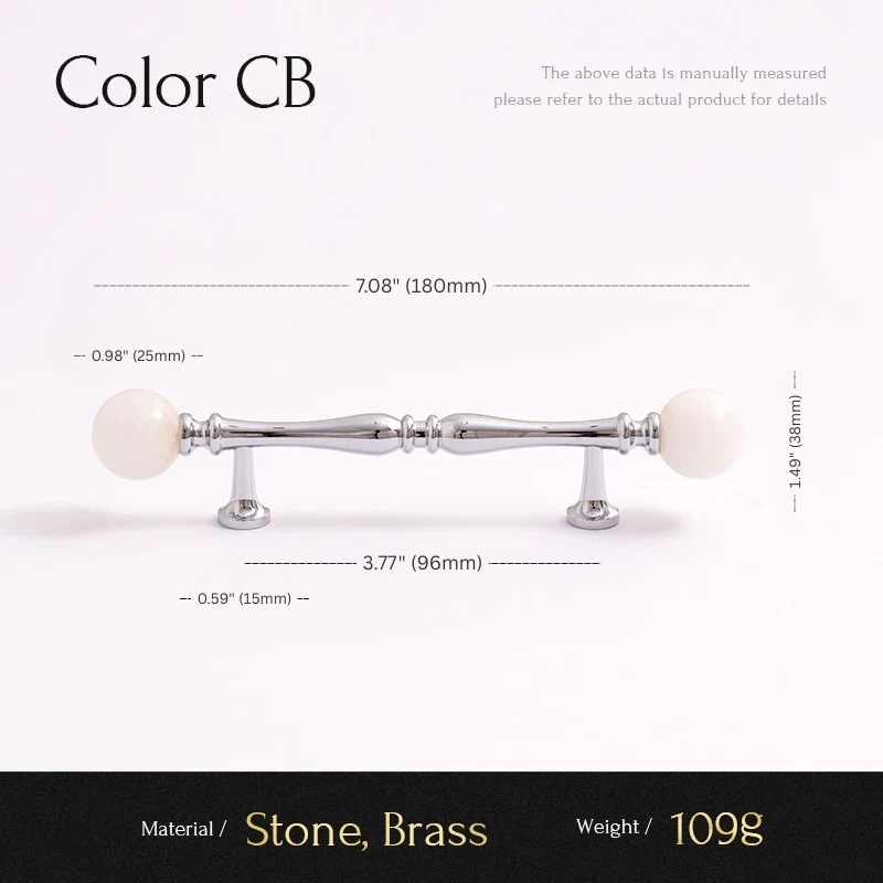 Measurement chart for a cabinet handle with dimensions and material details.