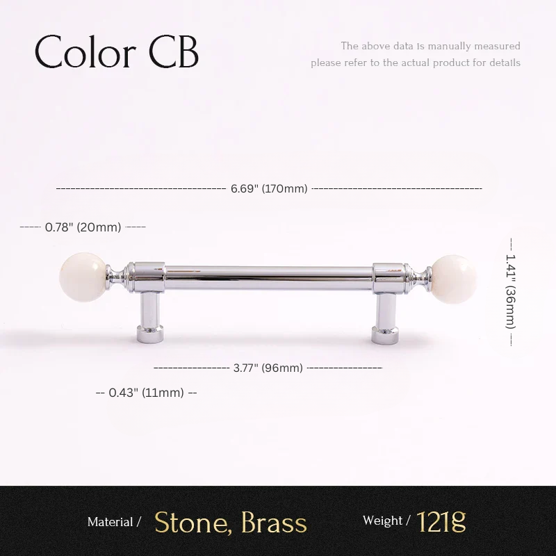 Measurement chart for a cabinet handle with dimensions and material details.