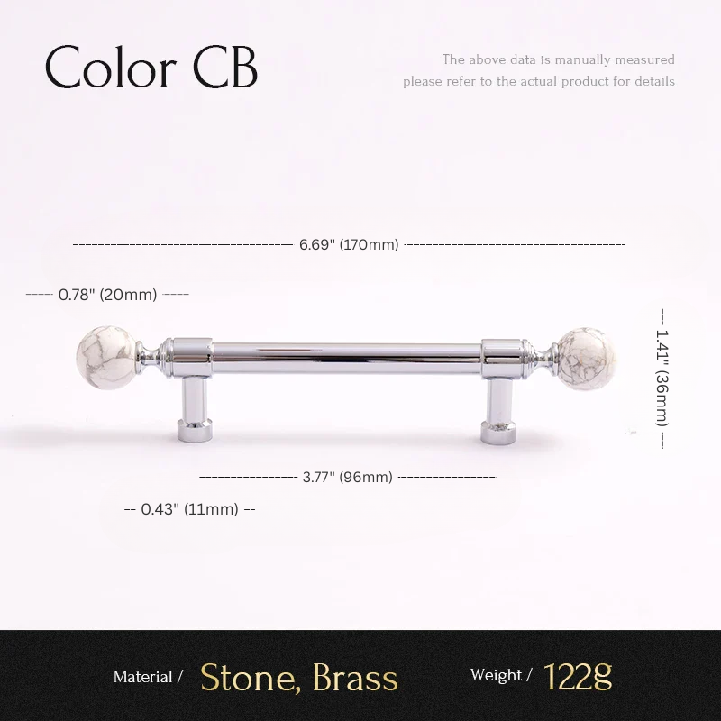 Measurement chart for a decorative pull handle with dimensions and material details.