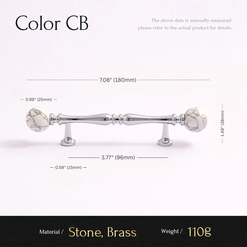 Cabinet handle with measurements and material details on a white background