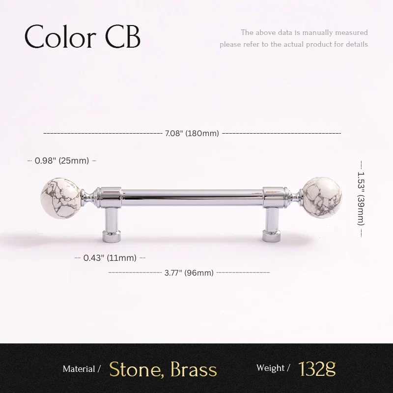 Cabinet handle with measurements and material details on a white background