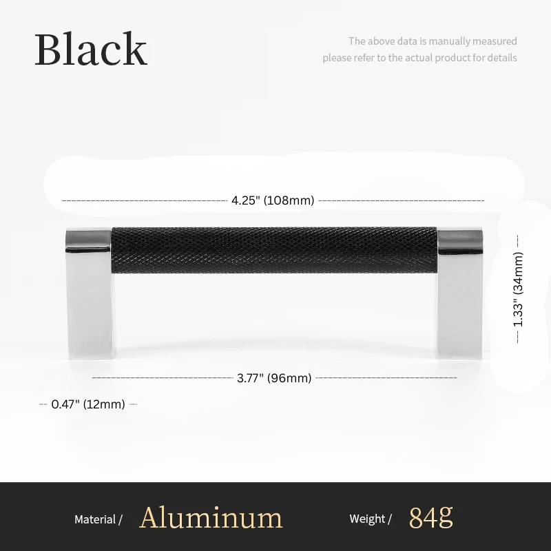Black metal handle with measurements on a white background