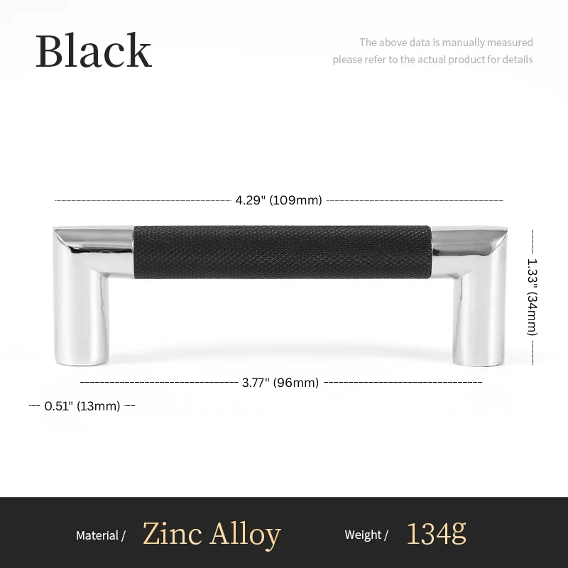 Measurement chart for a black handle with dimensions and material details.