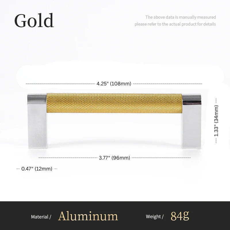 Gold-colored aluminum pull handle with dimensions and material details on a white background
