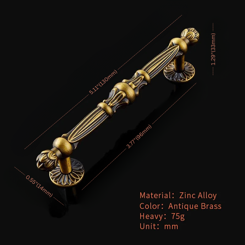 Decorative gold handle with measurements on a black background