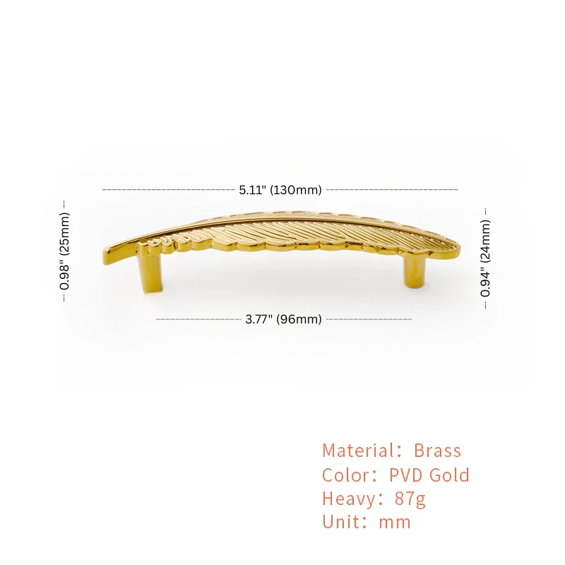 Gold metallic object with dimensions and material details on a white background