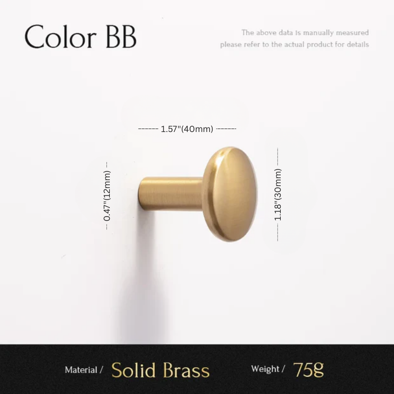 Gold cabinet knob with dimensions and material details on a white background