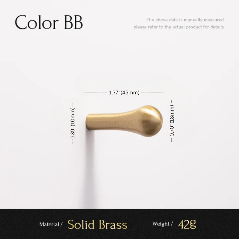 Solid brass handle with dimensions and material details on a white background