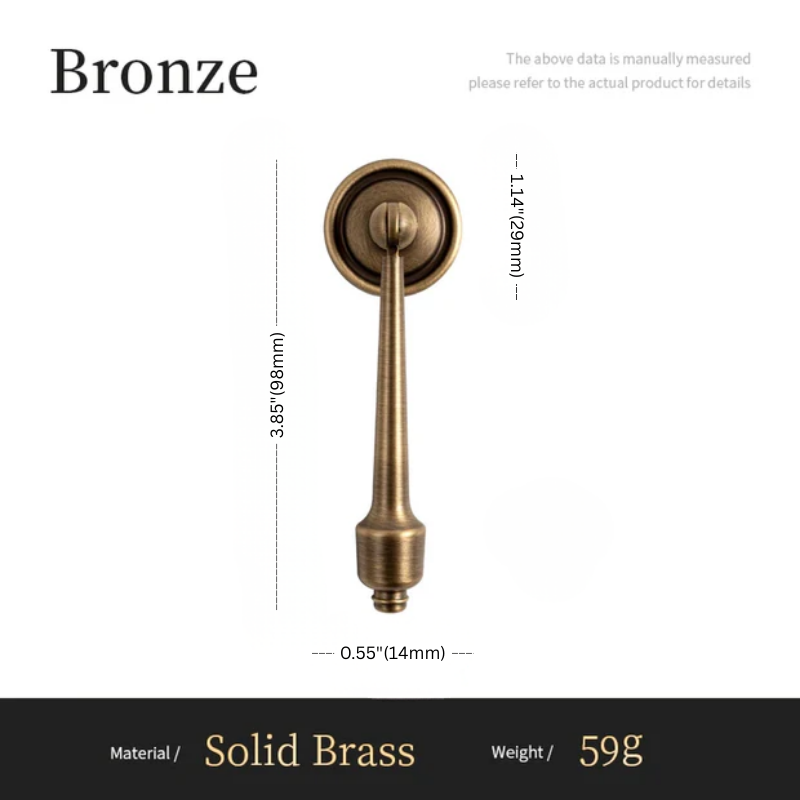 Bronze door handle with dimensions and material details on a white background
