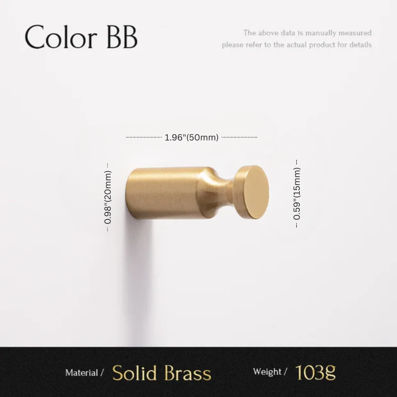 Measurement chart of a solid brass object with dimensions and material details.