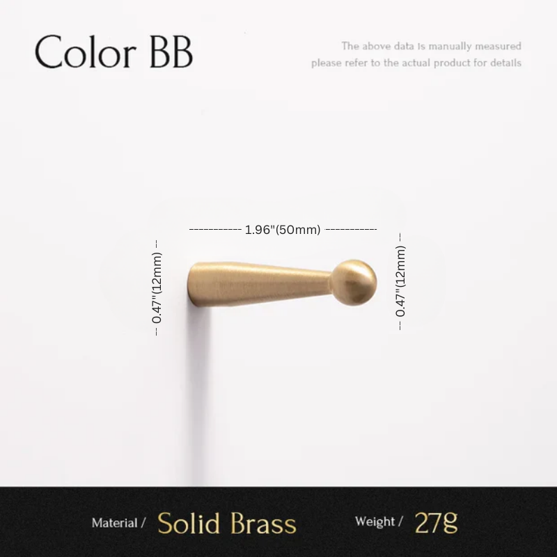Solid brass door handle with measurements on a white background