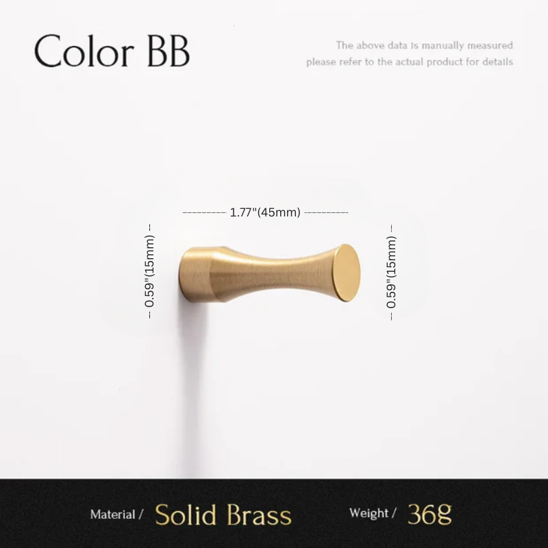 Solid brass door handle with measurements on a white background