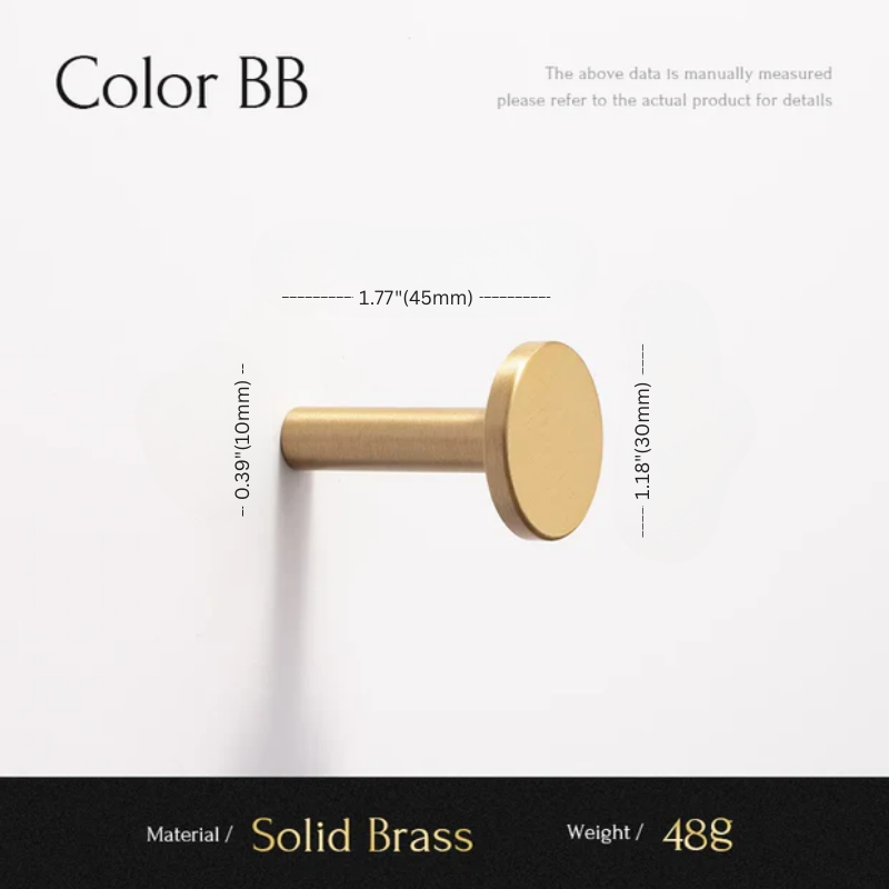 Solid brass hook with dimensions and material details on a white background
