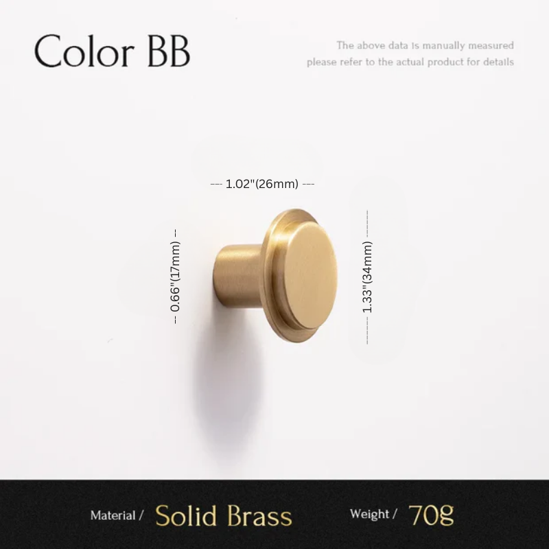 Gold cabinet knob with dimensions and material details on a white background