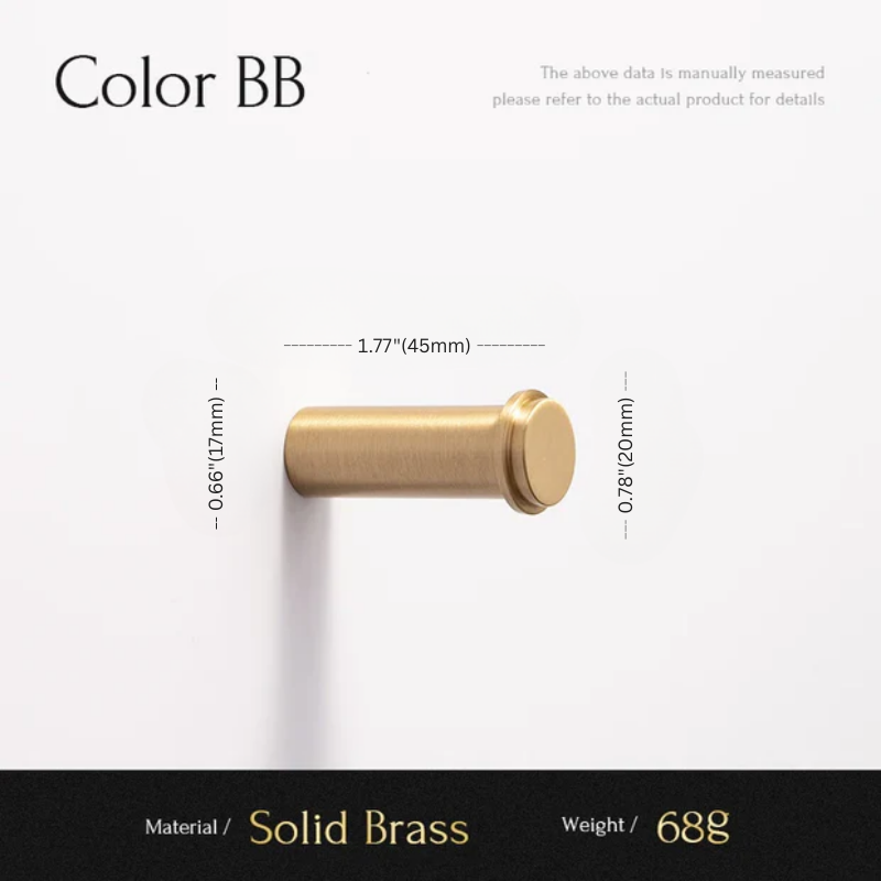 Gold cylindrical object with measurements on a white background