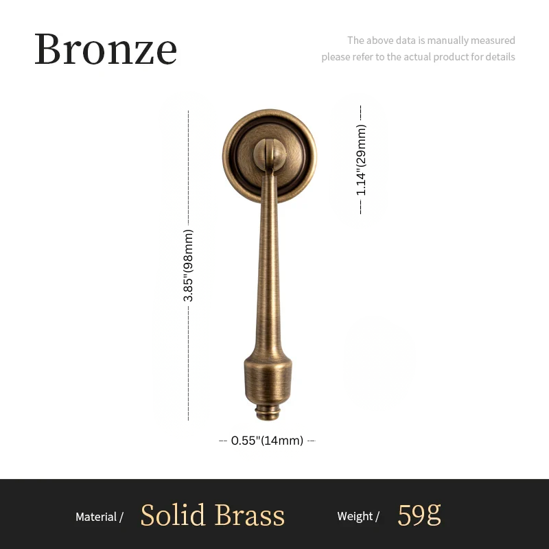 Bronze door handle with dimensions and material details on a white background