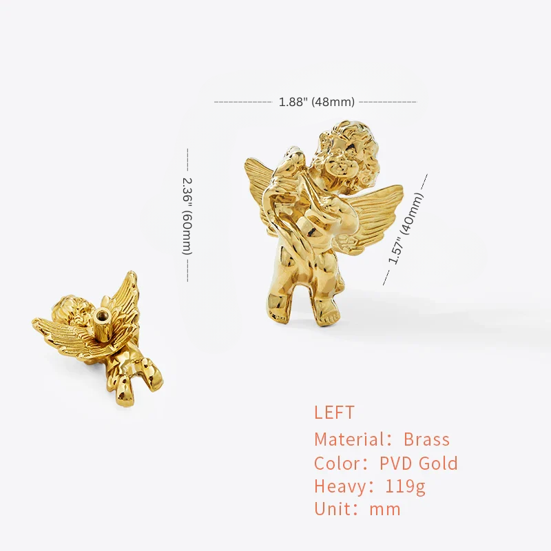 Gold angel figurine with measurements on a white background