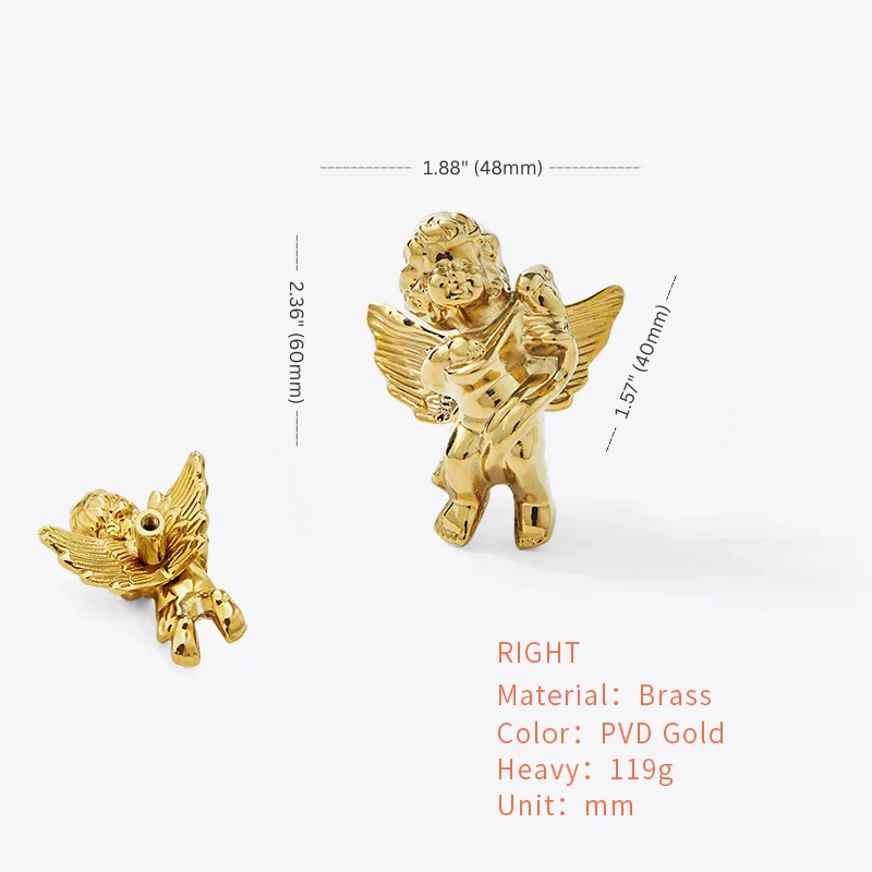 Gold cherub figurine with measurements on a white background