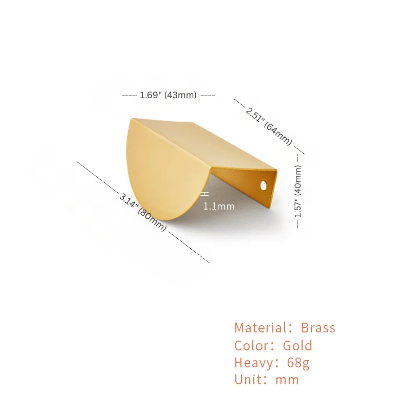 Gold metal bracket with dimensions and material details on a white background