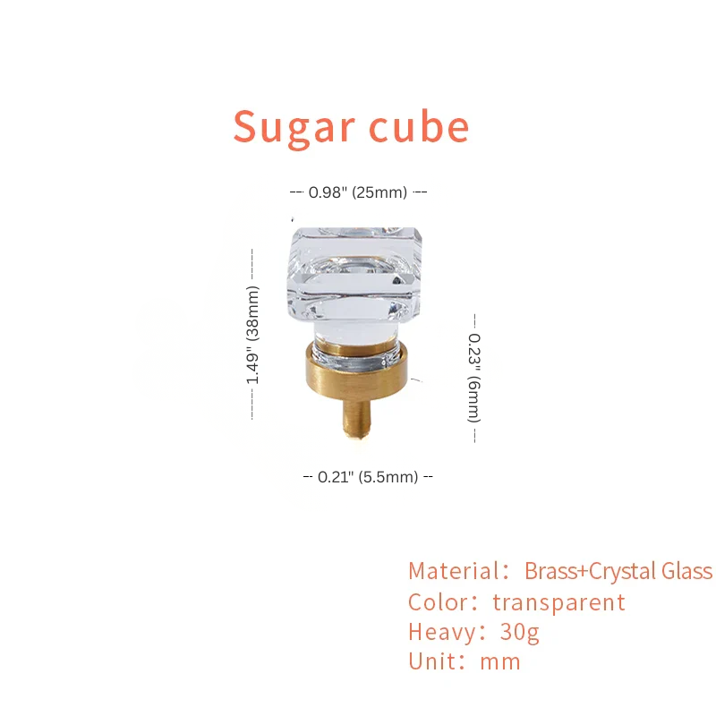 Sugar cube with dimensions and material details on a white background