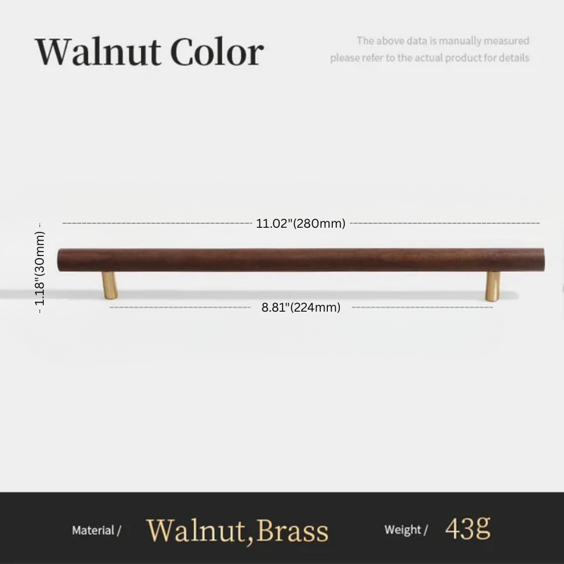 Measurement chart for a wooden product with dimensions labeled, material 'Walnut, Brass', weight '43g'.