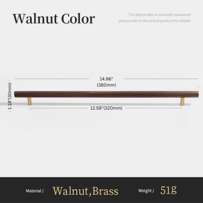 Wooden handle with measurements and material details on a white background