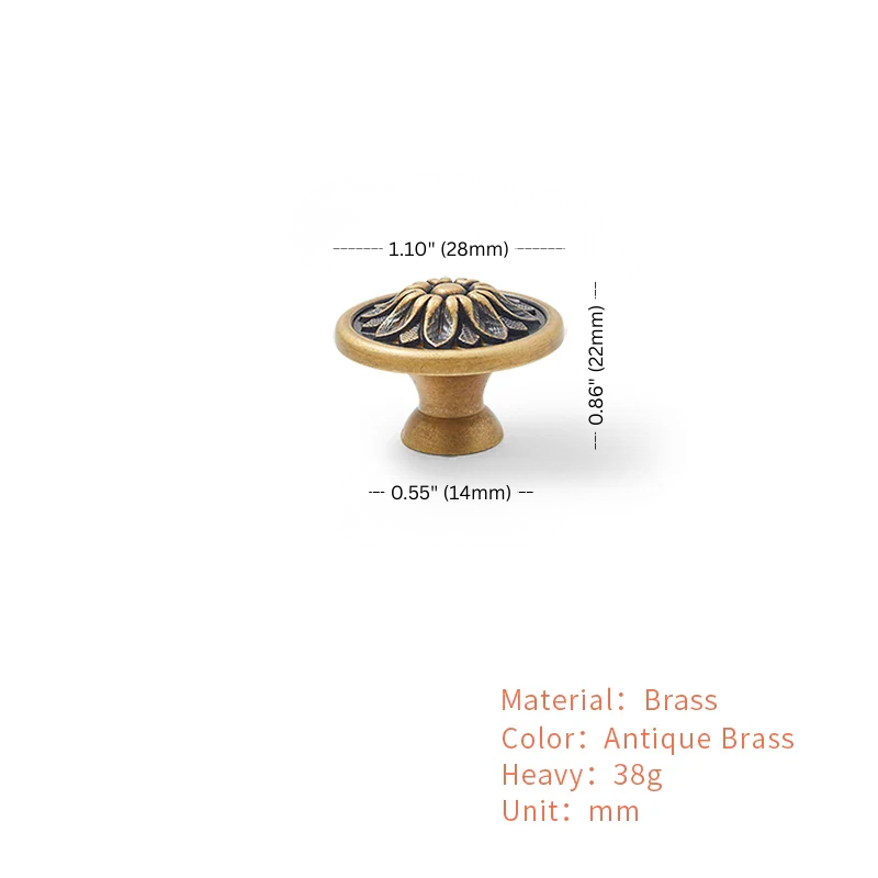 Antique brass cabinet knob with measurements on a white background