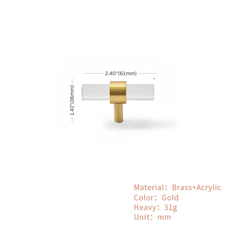 Gold and acrylic object with dimensions and material details on a white background