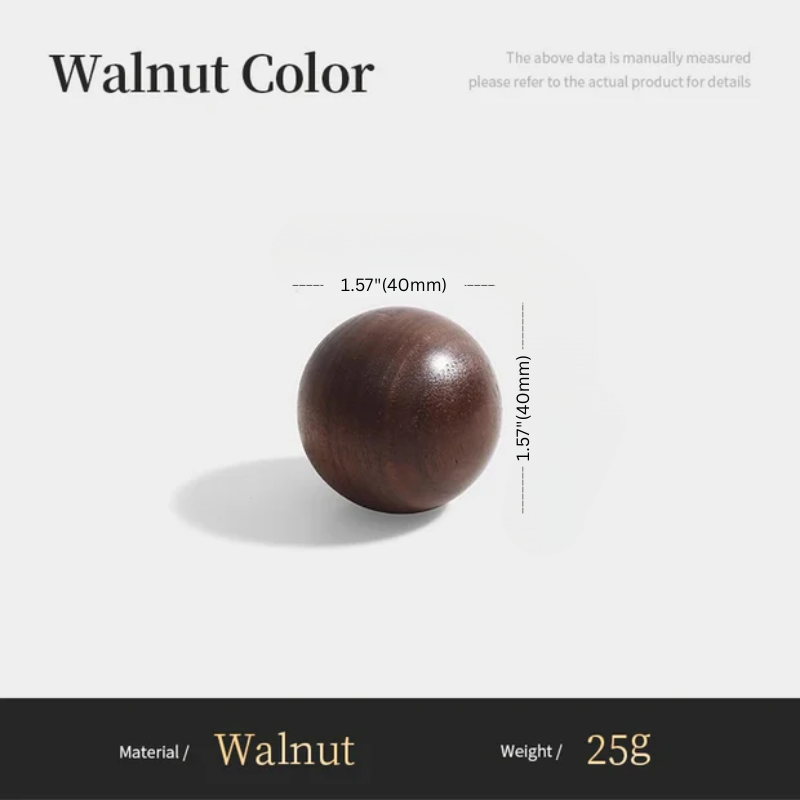 Wooden ball with dimensions and material information on a white background
