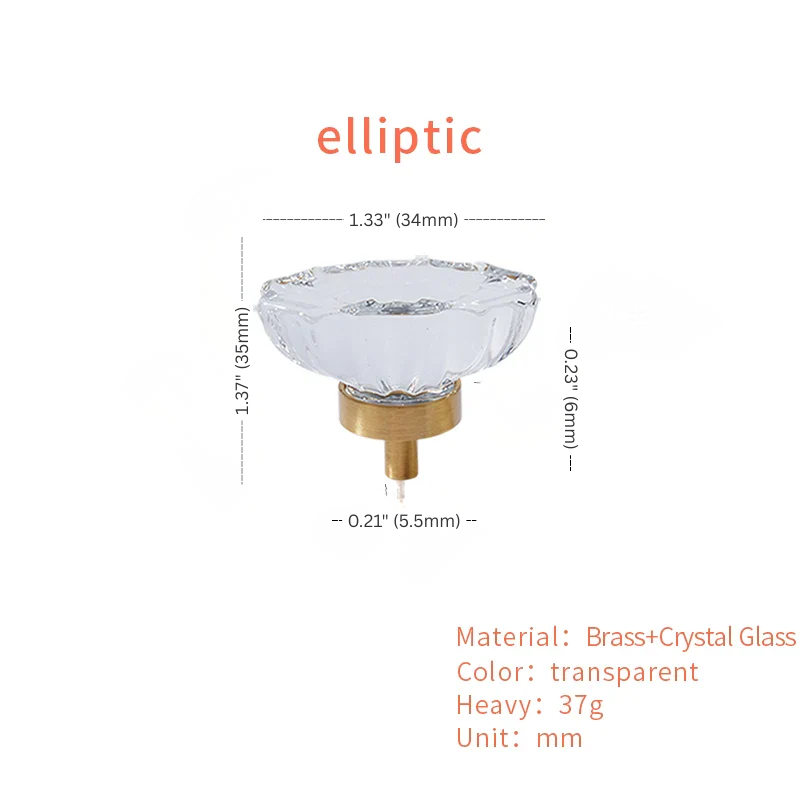 Crystal glass door knob with dimensions and material details on a white background