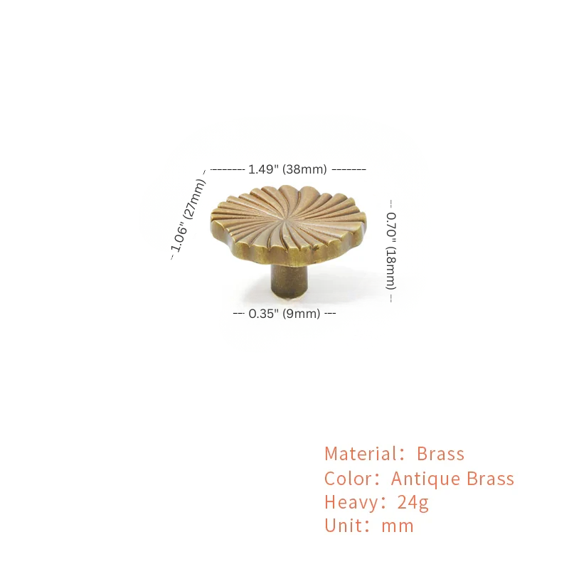 Brass cabinet knob with measurements and material details on a white background