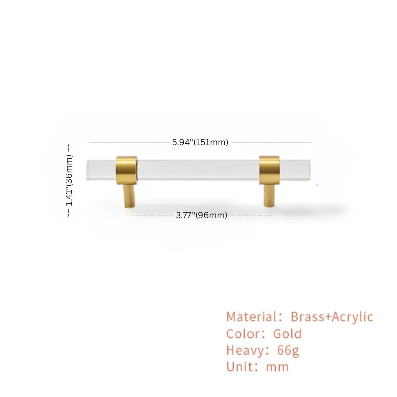 Measurement chart of a gold and acrylic object with dimensions and material details.