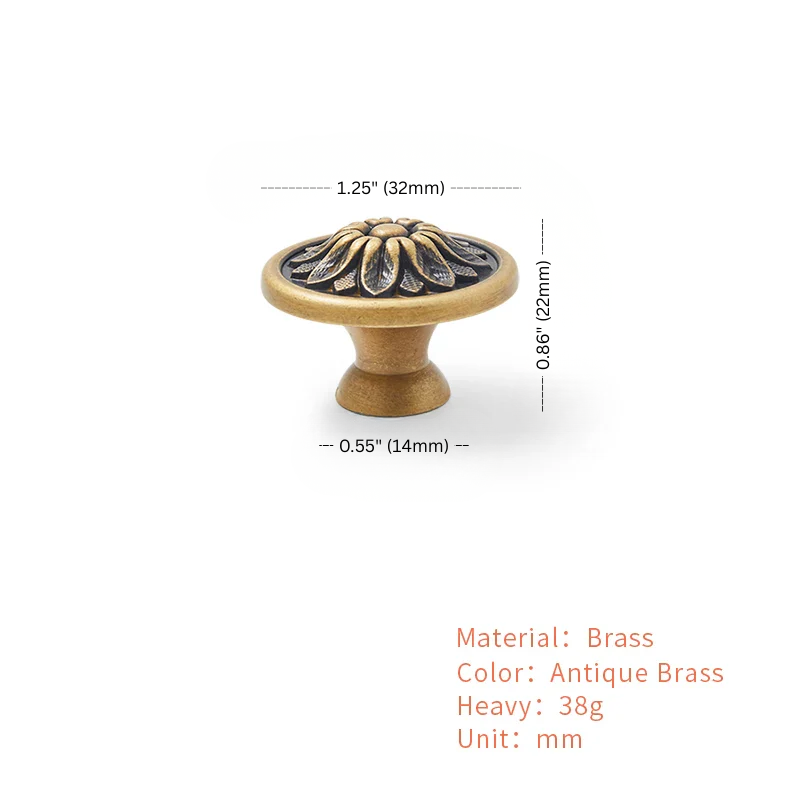 Antique brass cabinet knob with dimensions on a white background